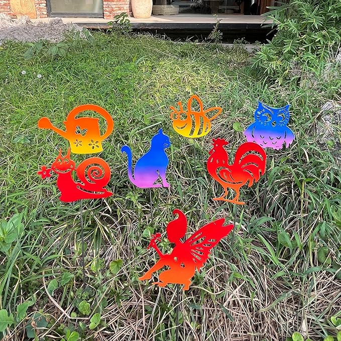7PCS Metal Small Animal Decoration Stakes with Owl, Cat, Bee, Rooster, Snail, Fairy, and Flower Pot Designs - Hollow Out Silhouette Yard Art for Outdoor Patio Lawn Garden Decor