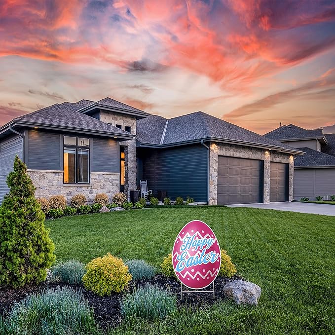 Happy Easter Classic Yard Sign Home Decor Lawn Decoration With Stakes Easter Egg (Pink)
