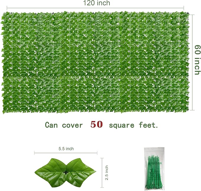 Bybeton 60" x 120" Artificial Ivy Privacy Fence Screen, UV Protected Faux Ivy Privacy Fence Roll, 50 Sq. Ft. Dense Greenery Wall Panels for Outdoor Patio, Garden, Balcony and Backyard Decor