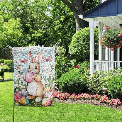 Easter Bunny Garden Flag for outside 28x40 Double Sided Stained Glass Rabbit Flag Easter Egg House Flag Lily Spring Outdoor Flag Large