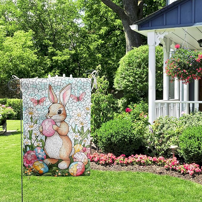 Easter Bunny Garden Flag Stained Glass Rabbit Flag Easter Egg Yard Flag for Outside 12x18 Double Sided Lily Spring Outdoor Flag Small