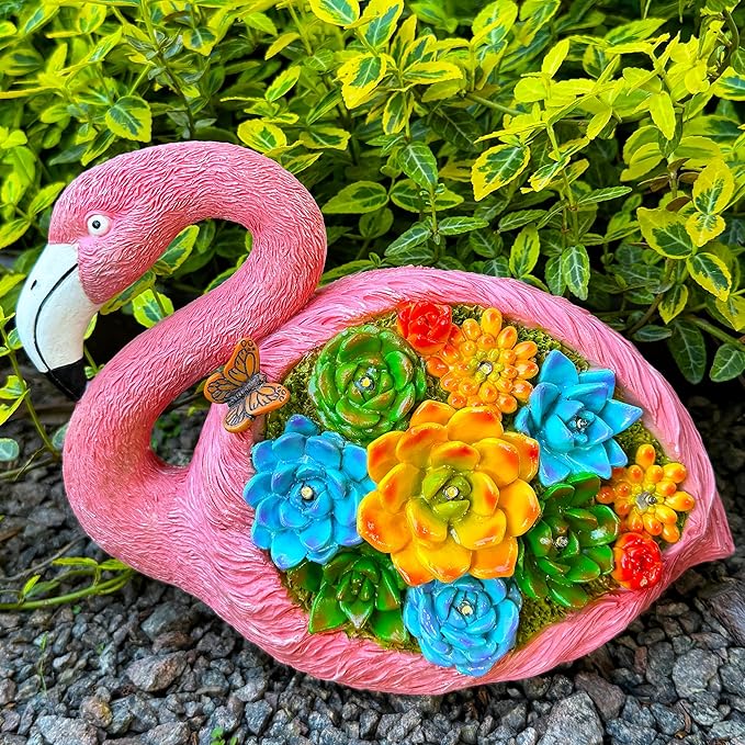 Mood Lab Garden Decor Flamingo Statue - 9 Inch Width Solar Figurine - 8 LED Solar Lights in Succulent Flowers - Yard Patio Lawn Indoor Outdoor Decoration