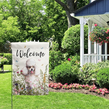 Spring Summer Garden Flag Floral Poodle Yard Flag Flower Dog Garden Flags for Outside Small Outdoor Welcome Flags 12x18 Double Sided
