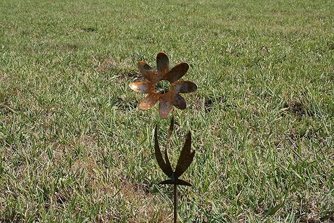 Metal Rustic and Colorful Flower Stakes Ranging from 9.5 to 36 Inches Tall (Daisy, Butterfly and Twisted Daisy Set, Naturally Rusted)
