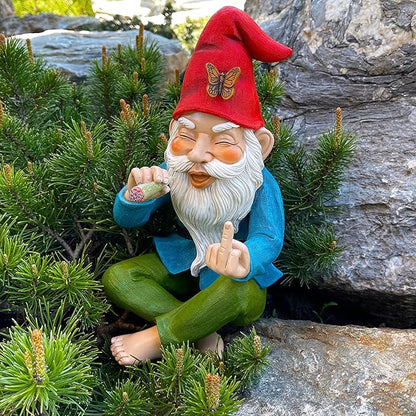 Mood Lab Funny Garden Gnome - Relaxed Smoking Statue with Middle Finger - 9.6 Inch Tall Outdoor or Indoor Decor