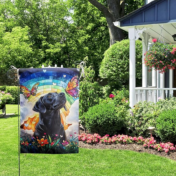 Stained Glass Black Lab Garden Flag for Outside 12x18 Double Sided Small Rainbow Bridge Labrador Dog Memorial Yard Banners Bereavement Pet Sympathy Gift