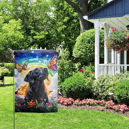 Stained Glass Black Lab Garden Flag for Outside 12x18 Double Sided Small Rainbow Bridge Labrador Dog Memorial Yard Banners Bereavement Pet Sympathy Gift