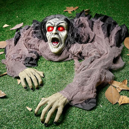 JOYIN Halloween Zombie Decorations Outdoor, Halloween Groundbreaker Outside Decor, Hanging Zombie Prop with Green Face and Lighted Eyes for Graveyard, Haunted House, Lawn, Yard, Indoor Decor