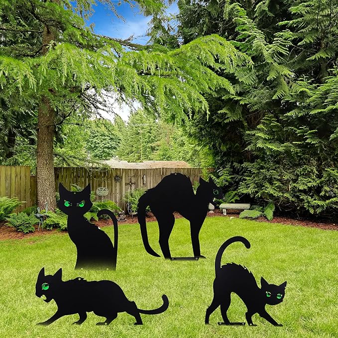JOYIN 4 Pcs Halloween Black Cat Silhouette Yard Signs with Stakes, Halloween Decorations Outdoor, Halloween Yard Lawn Garden Sign for Family Home Front Yard Party Decor