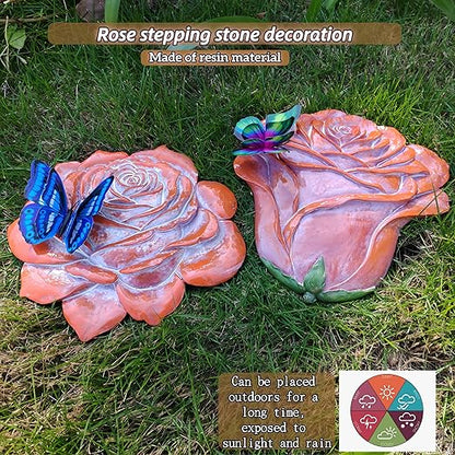 Garden Stepping Stones Outdoor Walkway – Resin Rose Flower Pavers for Path, Lawn & Backyard – Courtyard Entrance Decorative Small Statue with Artificial Flowers – Set of 2, Brown