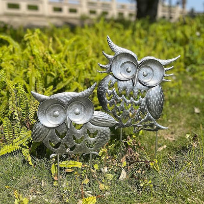 Pack of 2 Metal Owl Garden Statues Silver Silhouette Stakes Decorative Outdoor Animal Sculptures for Yard Decor and Lawn Ornaments