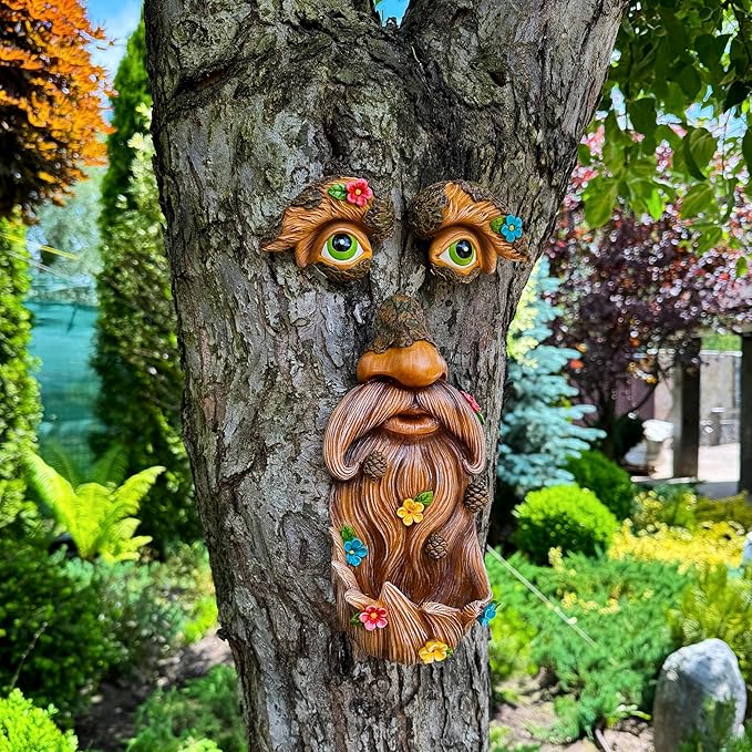 Mood Lab Tree Face Decor - Outdoor Bird Feeder - Old Man Face Decoration with Flowers - Tree Garden Hugger - Yard Art Statues