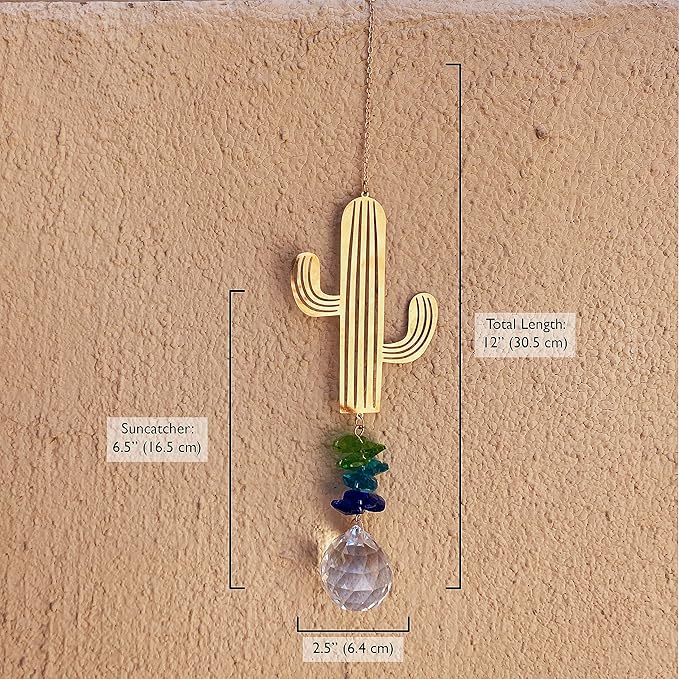 Crystal Saguaro Cactus Suncatcher for Window Hanging, Metal Prism Rainbow Maker with Beads for House Decor, Ideal for Kids' Rooms, Elegant Southwest Themed Sun Catcher Ornament