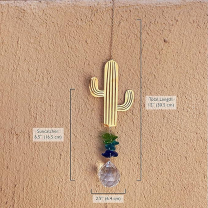 Crystal Saguaro Cactus Suncatcher for Window Hanging, Metal Prism Rainbow Maker with Beads for House Decor, Ideal for Kids' Rooms, Elegant Southwest Themed Sun Catcher Ornament