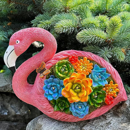 Mood Lab Garden Decor Flamingo Statue - 9 Inch Width Solar Figurine - 8 LED Solar Lights in Succulent Flowers - Yard Patio Lawn Indoor Outdoor Decoration
