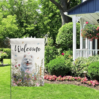 Floral Samoyed Garden Flag Spring Summer Yard Flag Flower Dog Garden Flags for Outside Small Outdoor Welcome Flags 12x18 Double Sided