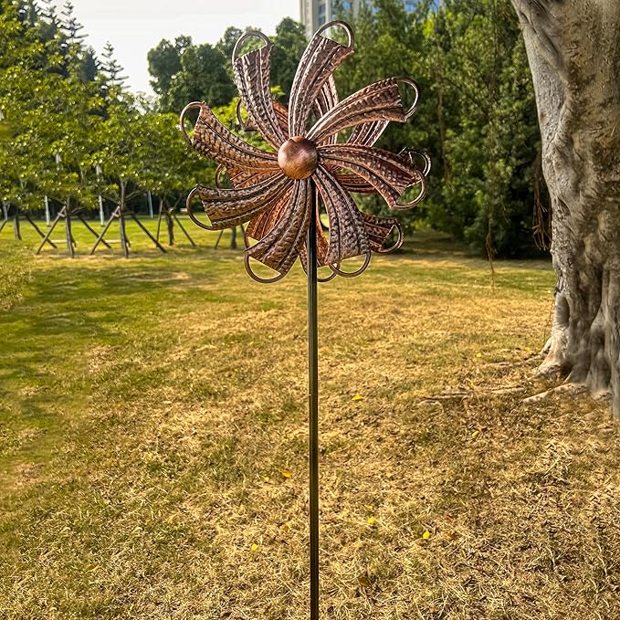 54” Metal Wind Spinner Outdoor Decor, Double Layer 360° Rotating Kinetic Sculpture, Rustproof Weather-Resistant Yard Art for Patio Lawn, Wind Spinners for Yard and Garden (Copper)