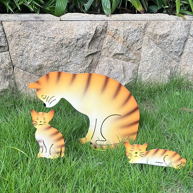 Metal Cat Family 3 Pack Garden Statues, Outdoor Decorative Silhouette Stakes for Yard and Patio Lawn Ornaments - Animal Sculpture Art (Orange)