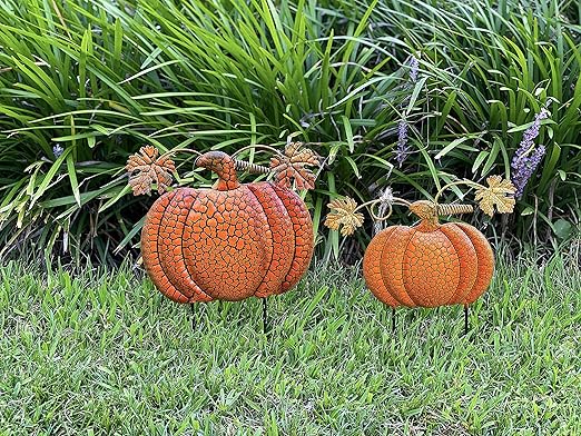 Garden Stakes Thanksgiving Fall Harvest Halloween Outdoor Metal Decor Orange Pumpkins 143&122 (Set of 2) 14.5"&11.5"