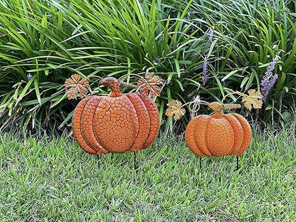 Garden Stakes Thanksgiving Fall Harvest Halloween Outdoor Metal Decor Orange Pumpkins 143&122 (Set of 2) 14.5"&11.5"