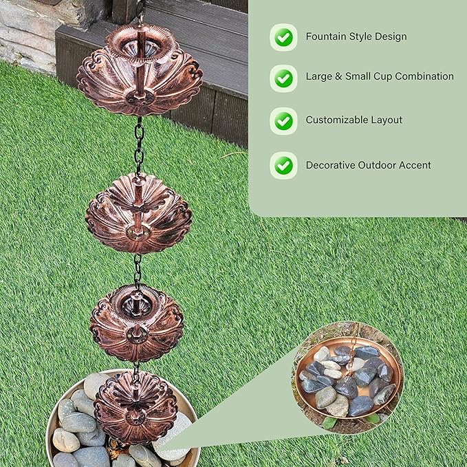 Fountain Rain Chain for Gutters – Large & Small Cup Designed Rain Chains, Customizable DIY Layout, Rust-Resistant Coated Metal Downspout Alternative for Garden, Patio & Outdoor Décor (8.5 FT)