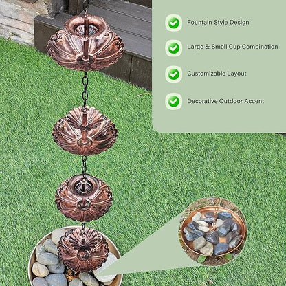 Fountain Rain Chain for Gutters – Large & Small Cup Designed Rain Chains, Customizable DIY Layout, Rust-Resistant Coated Metal Downspout Alternative for Garden, Patio & Outdoor Décor (8.5 FT)