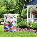4th of July Pug Garden Flag Red White Blue Floral Dog Yard Flags Small Memorial Independence Day Banner 12x18 Double Sided for Outside Outdoor Patriotic Decor