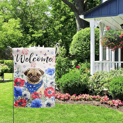 4th of July Pug Garden Flag Red White Blue Floral Dog Yard Flags Small Memorial Independence Day Banner 12x18 Double Sided for Outside Outdoor Patriotic Decor