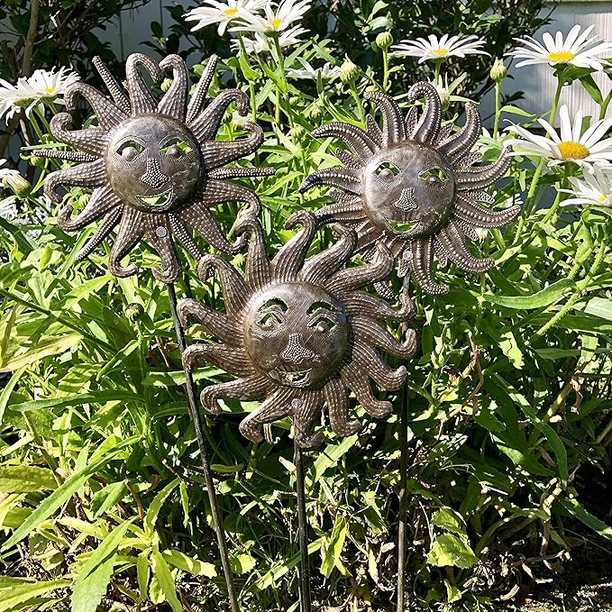 It's Cactus Set of 3 Sun Stakes, Garden Metal Sun Faces, Markers, Curb Appeal, Handmade in Haiti 6 x 20 Inches (Sun Stakes)