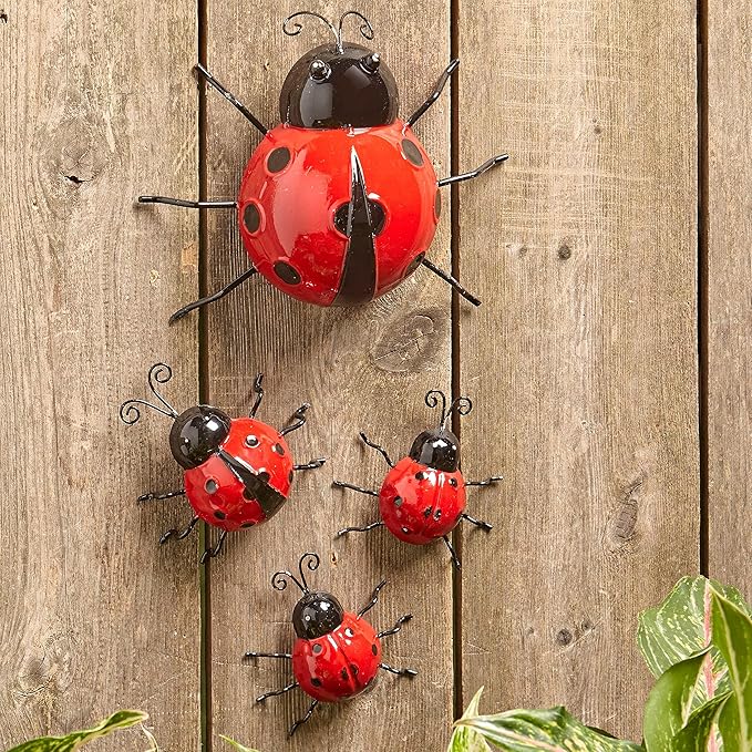 The Lakeside Collection Metal Ladybug Garden Decorations with Red and Black Spots - Set of 4