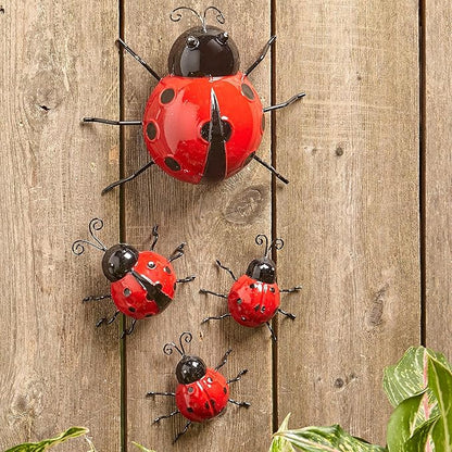 The Lakeside Collection Metal Ladybug Garden Decorations with Red and Black Spots - Set of 4