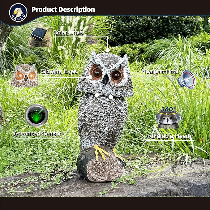 Solar Powered Garden Owl with Motion Detection, Rotating Head, Realistic Hoots and Silent Mode, Outdoor Statue and Sculpture, Owl Decoration for Home, Garden, Patio and Lawn
