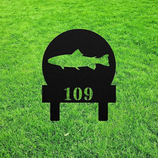 Trout Fishing House Number Sign Yard Address Plaque Garden Lawn Stake Metal Last Name Welcome Family Name Sign Monogram Sculpture for Yard Garden Porch Lawn Grassland Park Farm Flowerpot Decor.
