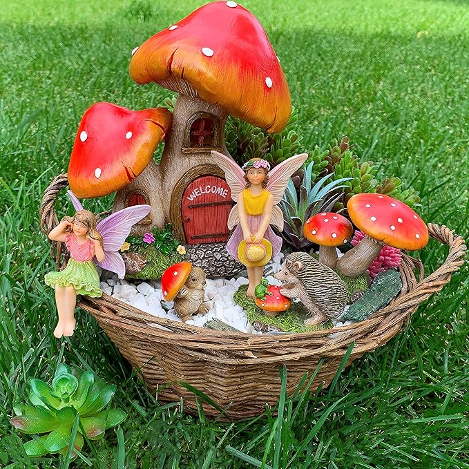 Mood Lab Fairy Garden Figurines - Mushroom House Set (6 pcs) - Miniature Decorative Statues & Accessories - Outdoor & Indoor Garden Decor