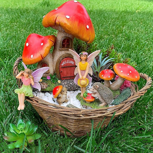 Mood Lab Fairy Garden Figurines - Mushroom House Set (6 pcs) - Miniature Decorative Statues & Accessories - Outdoor & Indoor Garden Decor