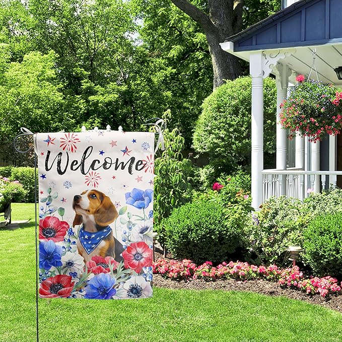 4th of July Beagle Garden Flag Red White Blue Floral Dog Yard Flags Small Memorial Independence Day Banner 12x18 Double Sided for Outside Outdoor Patriotic Decor