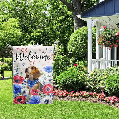 4th of July Beagle Garden Flag Red White Blue Floral Dog Yard Flags Small Memorial Independence Day Banner 12x18 Double Sided for Outside Outdoor Patriotic Decor