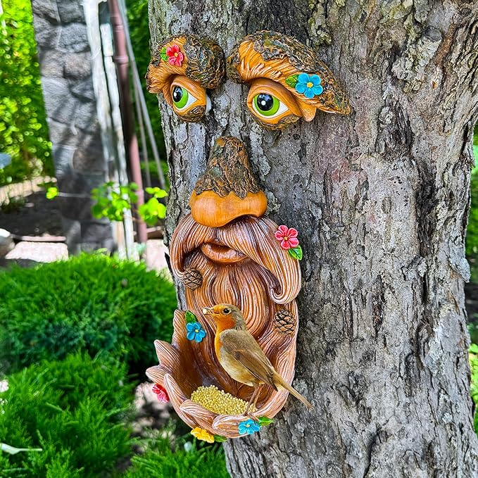 Mood Lab Tree Face Decor - Outdoor Bird Feeder - Old Man Face Decoration with Flowers - Tree Garden Hugger - Yard Art Statues