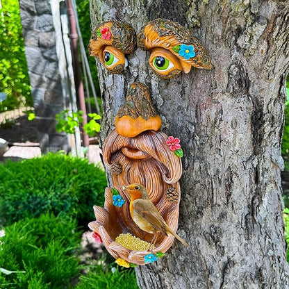 Mood Lab Tree Face Decor - Outdoor Bird Feeder - Old Man Face Decoration with Flowers - Tree Garden Hugger - Yard Art Statues