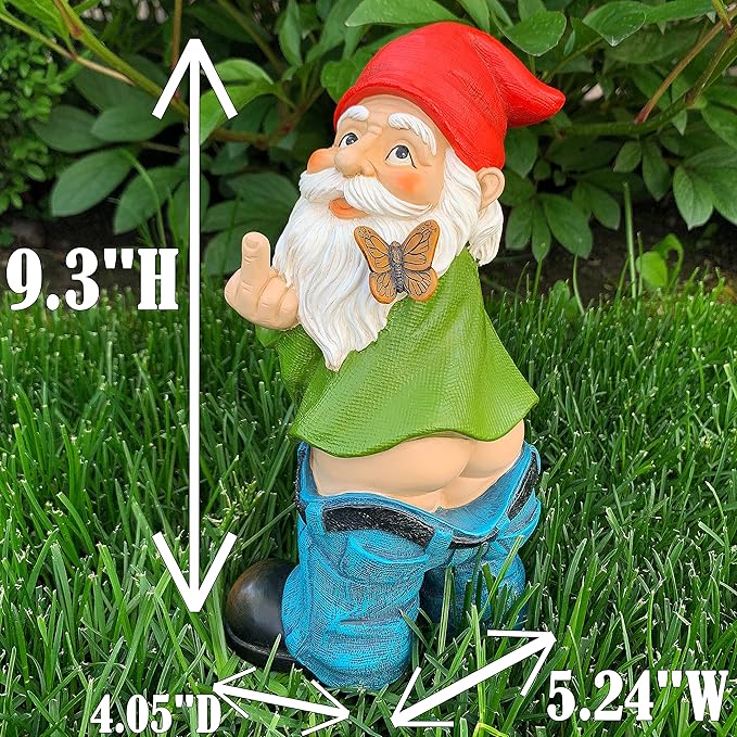 Mood Lab Garden Gnome - Pants Down Gnome with Middle Finger - 9.3 Inch Tall Outdoor or Indoor Decor