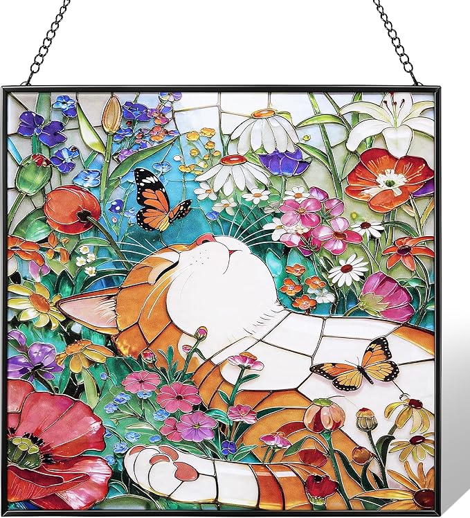 Cat Stained Glass Window Hanging, 7.9" Square Suncatcher with Chain Suction Cup, Cute Kitten Sun Catchers Indoor Window, Colorful Cat Decor for Wall, Porch, Birthday, Orange Tabby