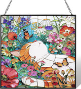 Cat Stained Glass Window Hanging, 7.9" Square Suncatcher with Chain Suction Cup, Cute Kitten Sun Catchers Indoor Window, Colorful Cat Decor for Wall, Porch, Birthday, Orange Tabby