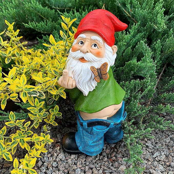 Mood Lab Garden Gnome - Pants Down Gnome with Middle Finger - 9.3 Inch Tall Outdoor or Indoor Decor