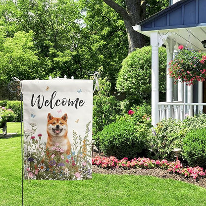Spring Summer Garden Flag Floral Shiba Inu Yard Flag Flower Dog Garden Flags for Outside Small Outdoor Welcome Flags 12x18 Double Sided