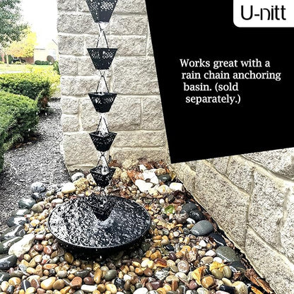 U-nitt Rain Chain Water Collection for Gutters Rainwater Catcher & Diverter, 8.5 FT Chains for Outside Garden, Black Square Cups, Roof Downspout, Works with Heavy Rain, w/Gutter Clip for Rainchains