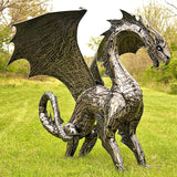Zaer Ltd. Large Metal Dragon Statue, 89" L x 79" W x 73" H, Powder Coated (Metallic Silver)