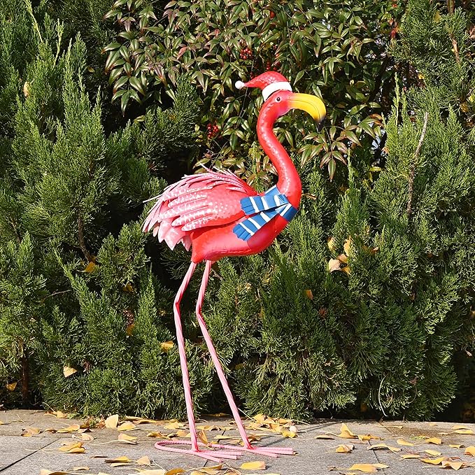 Garden Decor Christmas Flamingo Yard Art Decor Large Metal Flamingo Statues for Outdoor Indoor Decorations, Outside Patio, Pool, Lawn