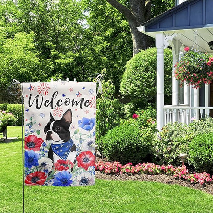 4th of July Boston Terrier Garden Flag Red White Blue Floral Dog Yard Flags Small Memorial Independence Day Banner 12x18 Double Sided for Outside Outdoor Patriotic Decor