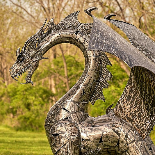 Zaer Ltd. Large Metal Dragon Statue, 89" L x 79" W x 73" H, Powder Coated (Metallic Silver)