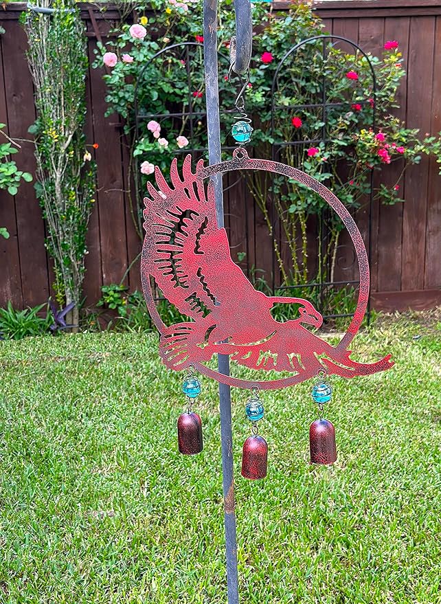 Wind Chime Eagle American Hanging Decor for Outdoor Metal W Glass Rustic Lawn Yard Patriotic 19" x 12"
